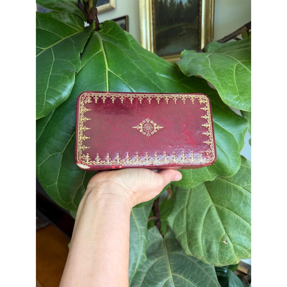 Italian Red Leather Jewelry or Storage Box with Gold Decoration
